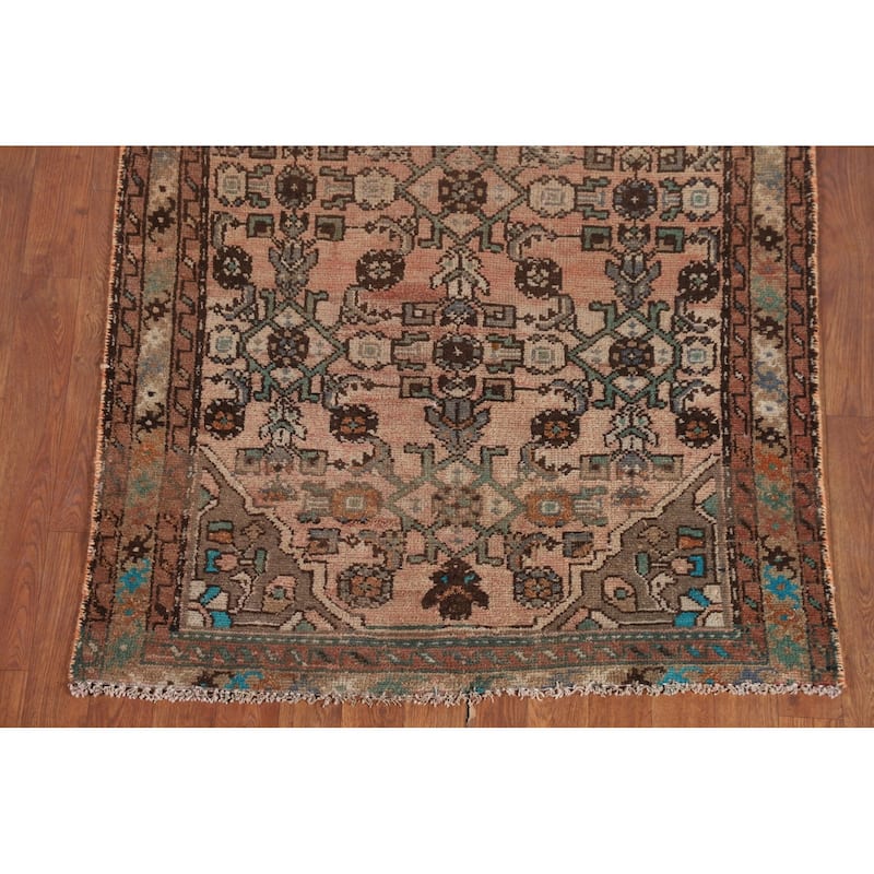 Distressed Hamedan Persian Vintage Runner Rug Handmade Wool Carpet - 3'4" x 9'8"