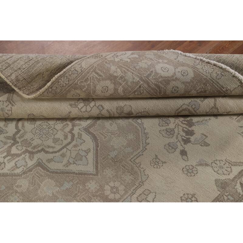 Distressed Beige Tabriz Persian Vintage Rug Hand-Knotted Wool Carpet - 6'4"x 9'3"