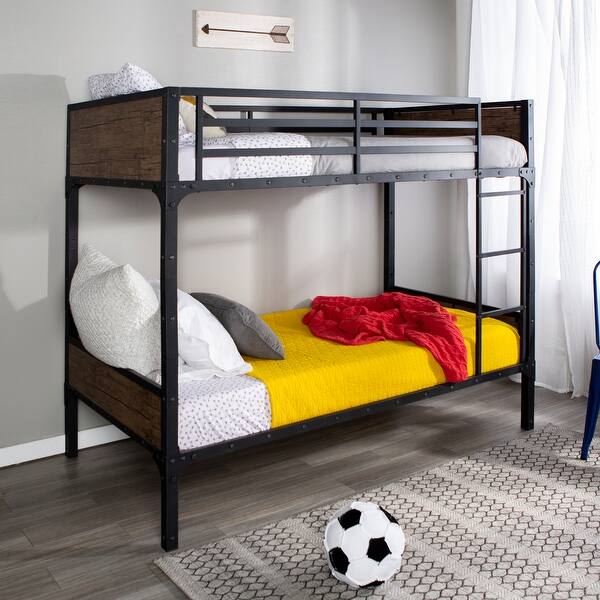 slide 2 of 10, Walker Edison Browning Rustic Wood Twin-over-Twin Bunk Bed Black / Brown