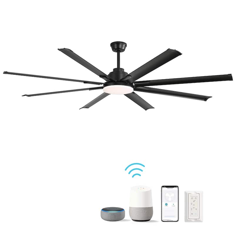 84 Inch Large Smart Ceiling Fan with Light, 8 Black Aluminum Blades, Indoor Outdoor Reversible Ceiling Fan for Living Room Patio