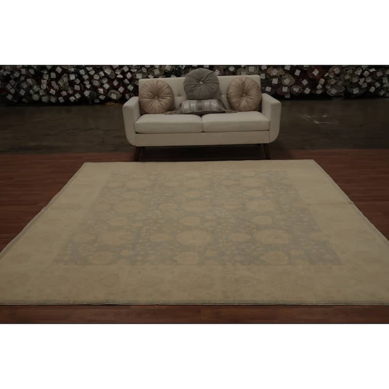 Hand Knotted Oriental 100% Wool Carpet Transitional All-Over Green Oushak Area Rug - 8' 0'' X 8' 2''