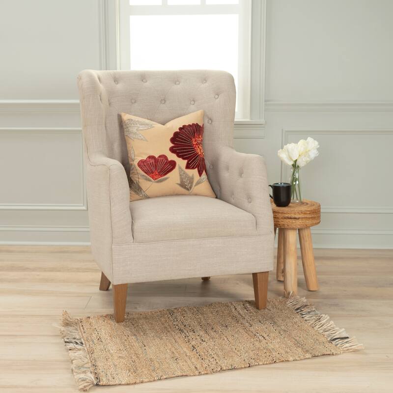 Rizzy Home Beige, Red, and Olive Green Floral Throw Pillow