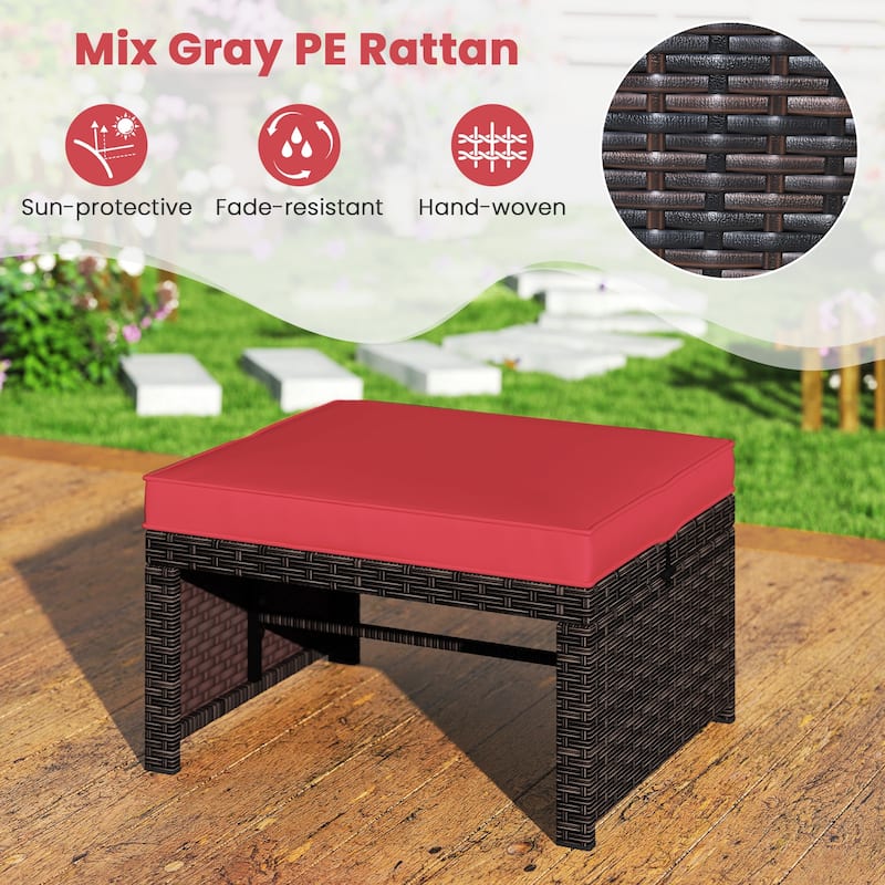Set of 2 Outdoor Rattan Footstools Ottomans with Cushions for Patio Decor or Garden Seating - 16" L x 19" W x 9.5" H