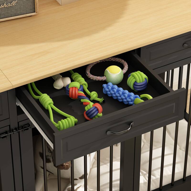 Wooden Dog Crate Kennel Furniture for 2 Dogs with Divider & Drawers