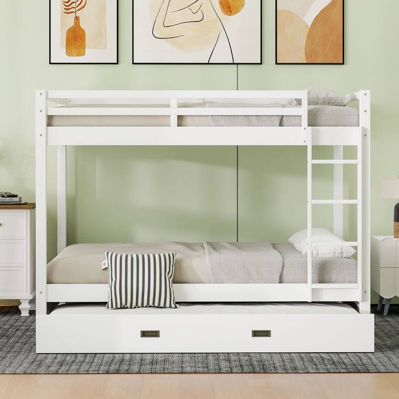 GDFStudio - Solid Wood Queen Bunk Bed with Ladder and Pull-Out Trundle