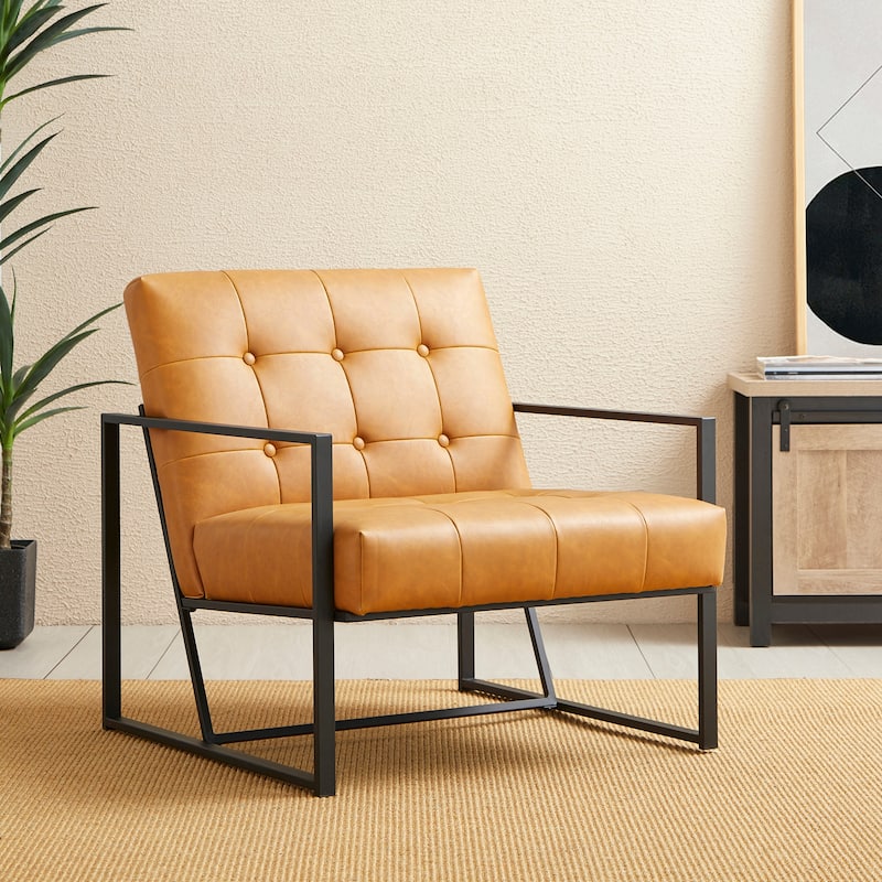 Glitzhome 29.50"W Mid-Century PU Leather Tufted Accent Chair - 29.5"W x 30.5"H x 29.25"D - Camel