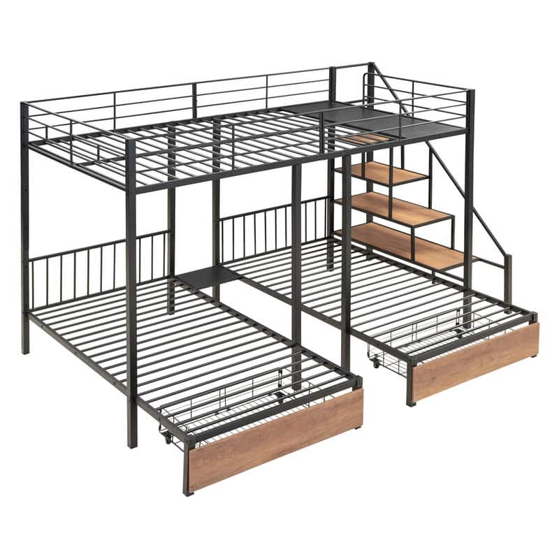 Full over Twin over Twin Metal Triple Bunk Bed with Drawers, Staircase
