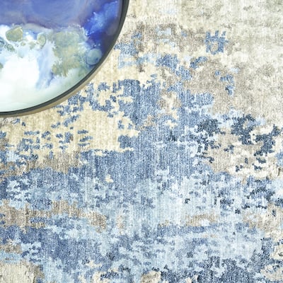 EXQUISITE RUGS Cosmo Hand-knotted Wool/Bamboo Silk Silver/Blue/Ivory Area Rug.