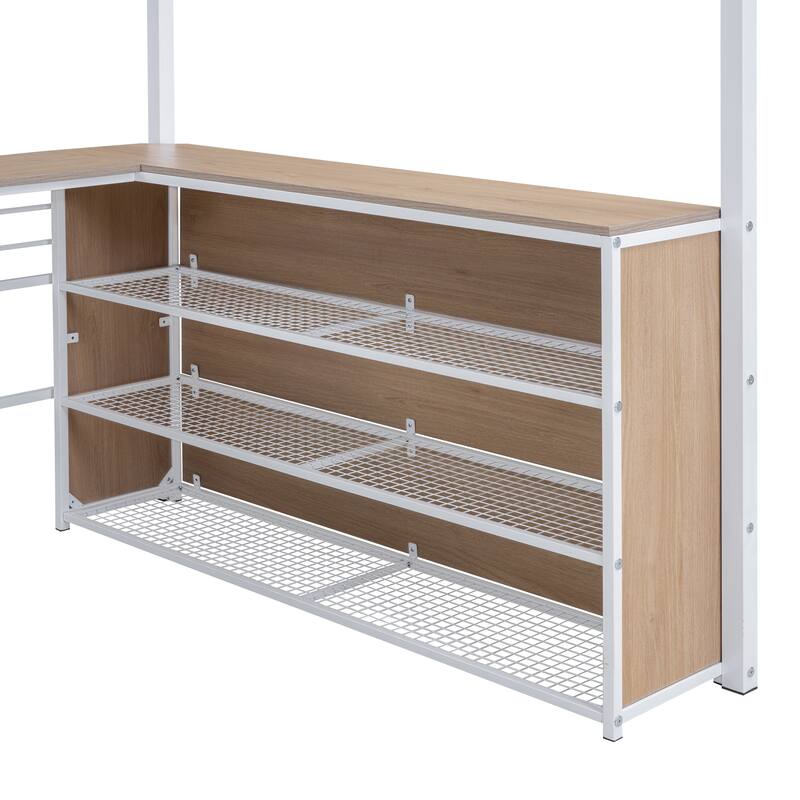 Full Size Metal Loft Bed with 3-Layer Shelving and L-Shaped Desk, No Box Spring Required, Ideal for Study Spaces