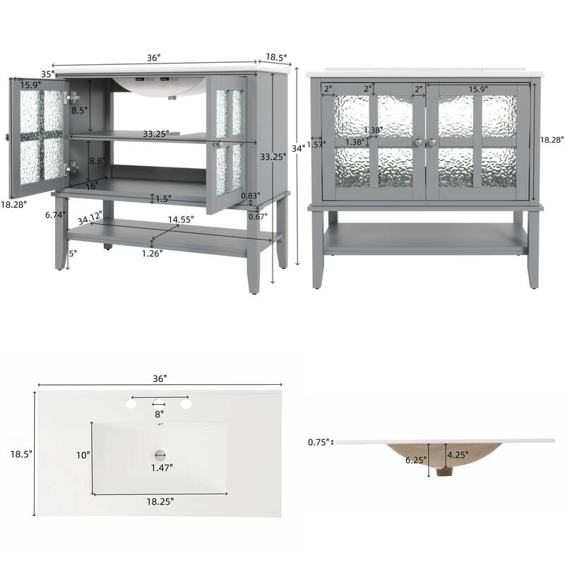 36" Bathroom Vanity with Ceramic Sink, Bathroom Vanity with Adjustable Shelf and Open Shelf, with Solid Wood Legs