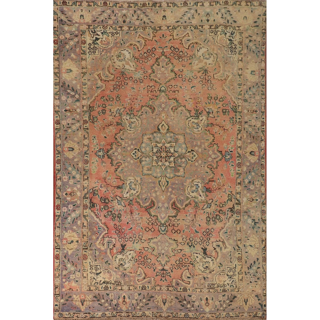 Coral Floral Tabriz Persian Vintage Area Rug Handmade Wool Carpet - 6'4"x 9'2"