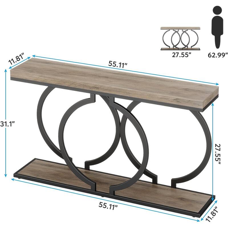 Industrial Console Table 55" - Narrow Long Entryway Sofa Table with Geometric Metal Frame & Vintage Grey Wood Top