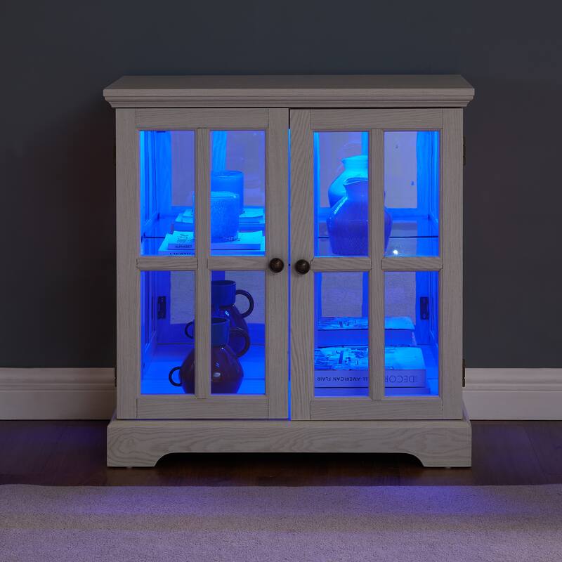 Retro Display Cabinet with Lattice Doors, Adjustable Shelve and LED Lights