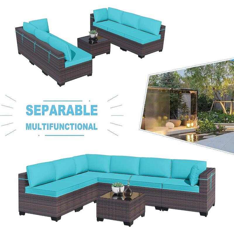 Kullavik 7 Pieces Outdoor Sectional Sofa Set Brown Wicker Patio Conversation Set with Seat Cushions and Tempered Glass Table