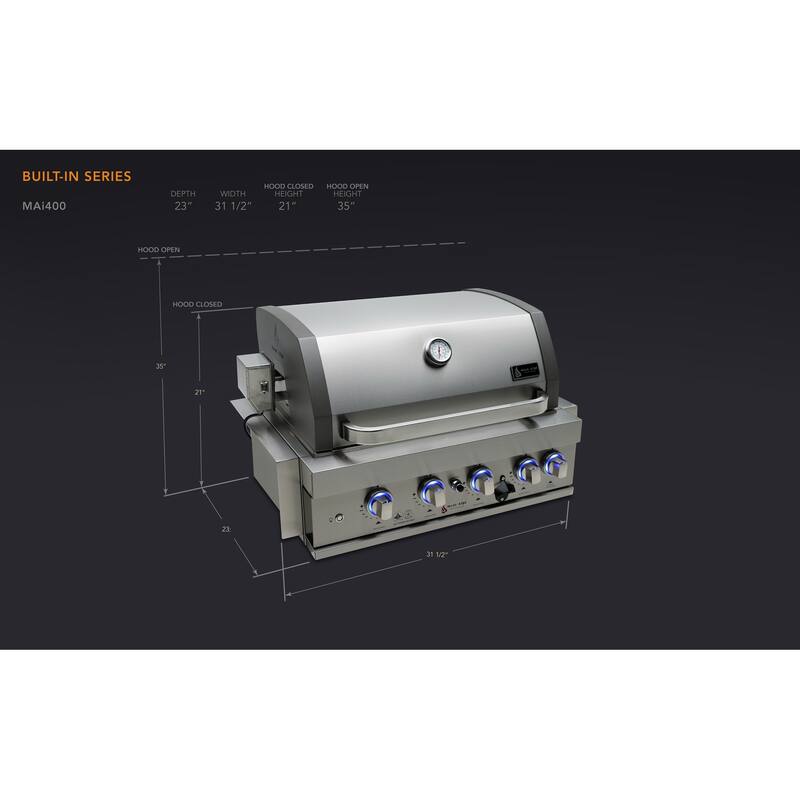 Mont Alpi MABi400-COMBO 4-Burner 32-inch Stainless Steel Built-in BBQ Grill with Outdoor Compact Refrigerator & Accessories