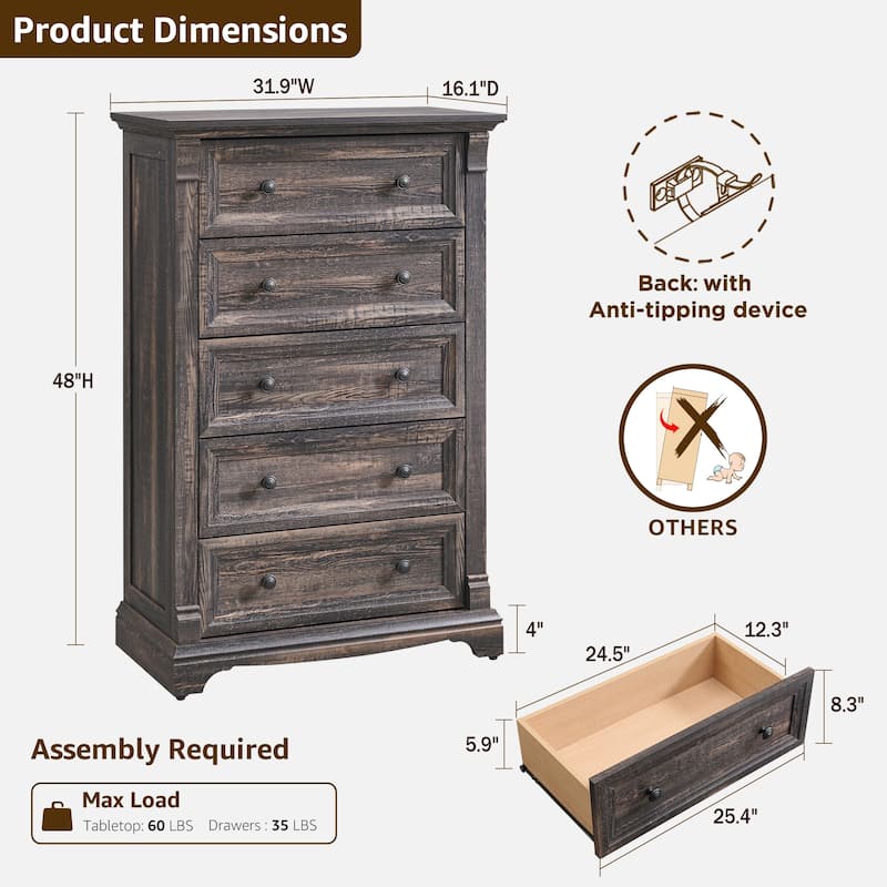 Farmhouse 5 Drawers Dresser, Wood Rustic Chest of Drawers for Bedroom