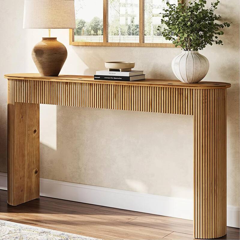 Solid Wood Console Table, 63" Fluted Modern Entryway Table with Solid Legs - 63" L x 11.8" W x 33.5" H