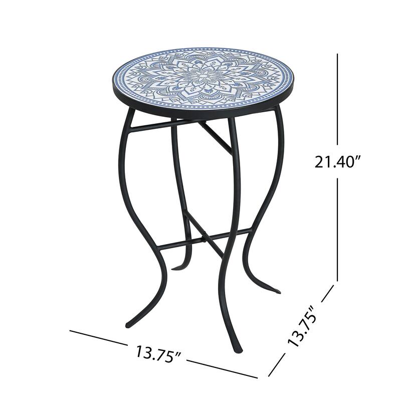 Han Outdoor Round Ceramic Tile Side Table with Iron Frame by Christopher Knight Home