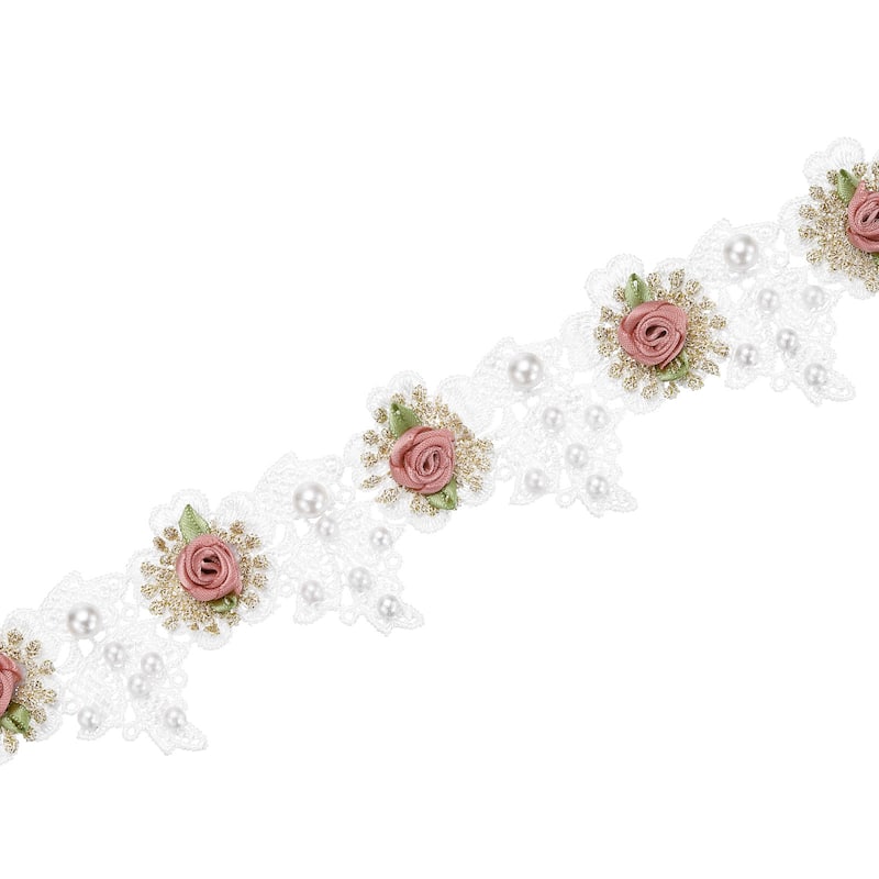 Rose Flower Embroidered Lace Trim Ribbon, 2 Yards Lace Trim, 2" Width