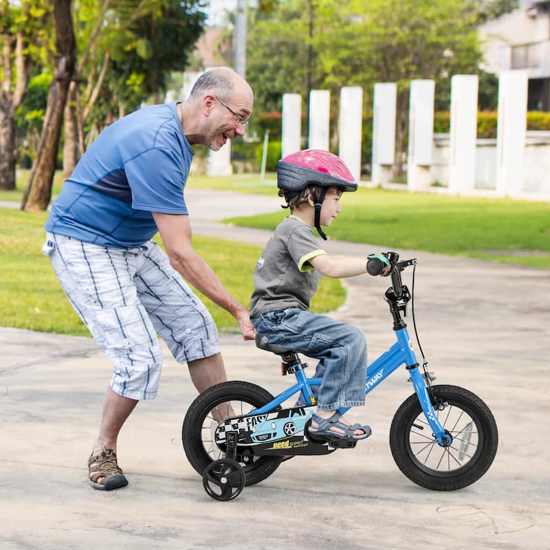 Blue Children's Bike with Dual Brake System Enclosed Chain Guard and Training Wheels - 12 Inch