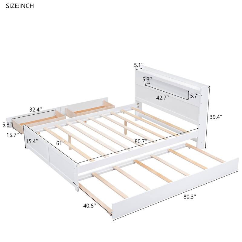 Queen Size Platform Bed with LED Headboard & 2 Drawers & Trundle