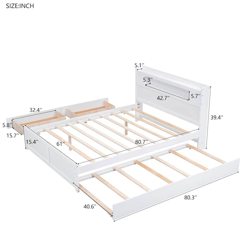 Queen Size Wood Storage Platform Bed with LED, 2 Drawers and 1 Twin Size Trundle, Gray - N/A