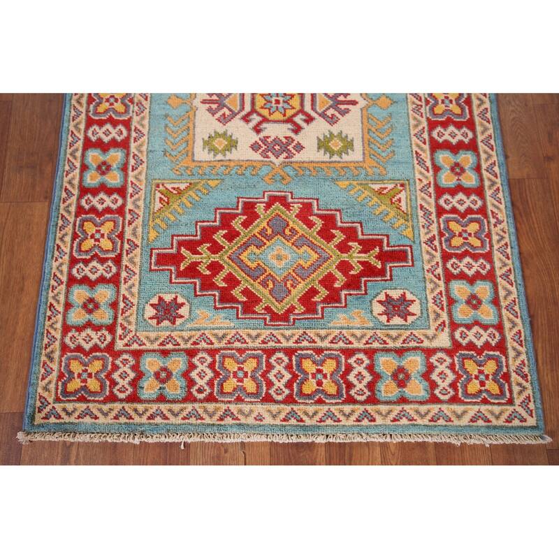 Geometric Blue Kazak Oriental Accent Rug Hand-Knotted Wool Carpet - 2'8" x 3'10"