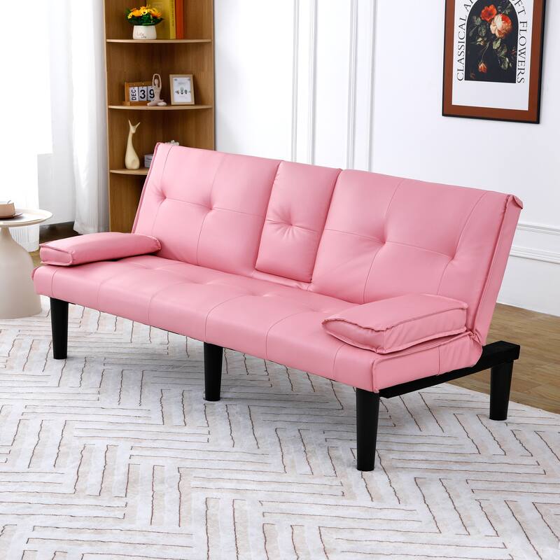 The 67-inch black PVC multi-functional sofa bed with a foldable and cup holder design
