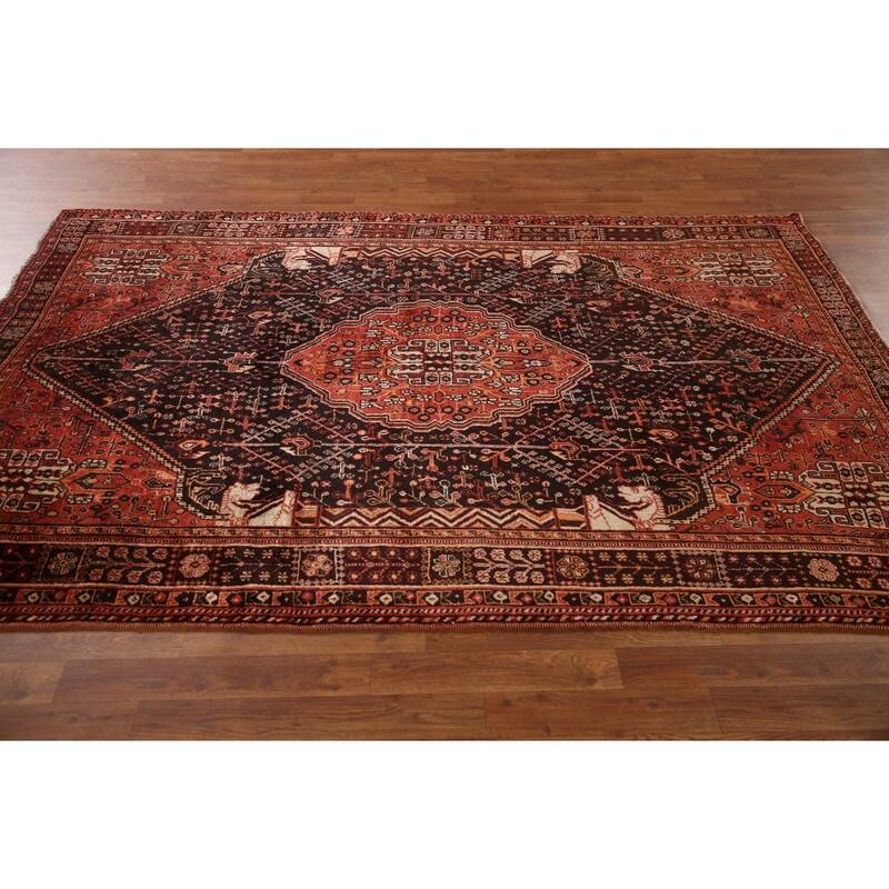 Black Tribal Shiraz Persian Vintage Area Rug Handmade Wool Carpet - 5'4"x 8'0"