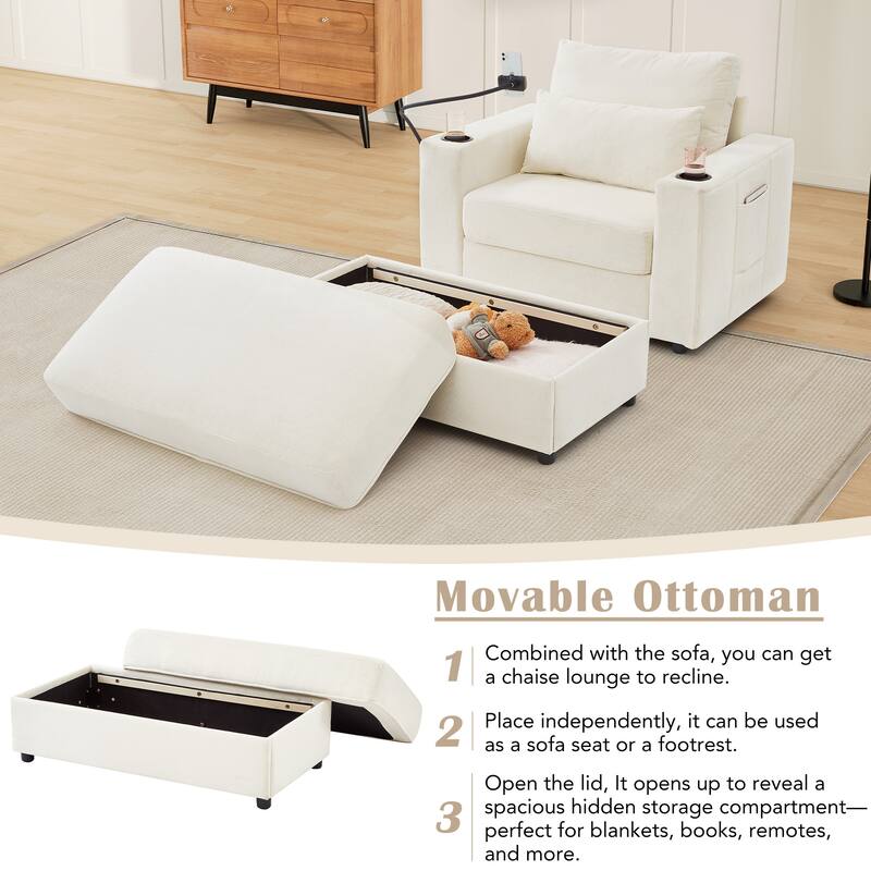 Chaise Lounge Sofa Couch with a Movable Storage Ottoman, Two USB Ports, Two Cup Holders, a Phone Holder，Side Pockets