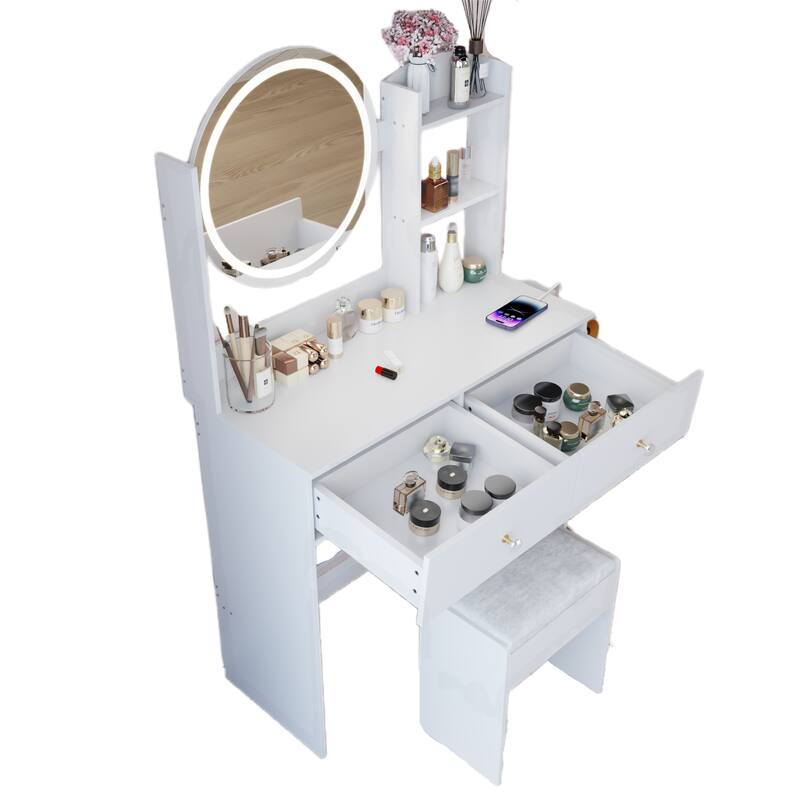 17" Vanity w/ Mirror, Stool, USB Outlets, Touch Control 3 Colors LED