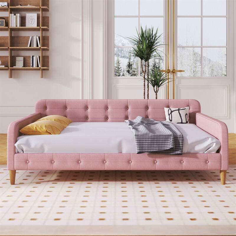 Twin/Full/Queen Size Upholstered Daybed with 4 Support Legs, Linen Fabric Daybed Frame Sofa Bed with Button Tufted Design