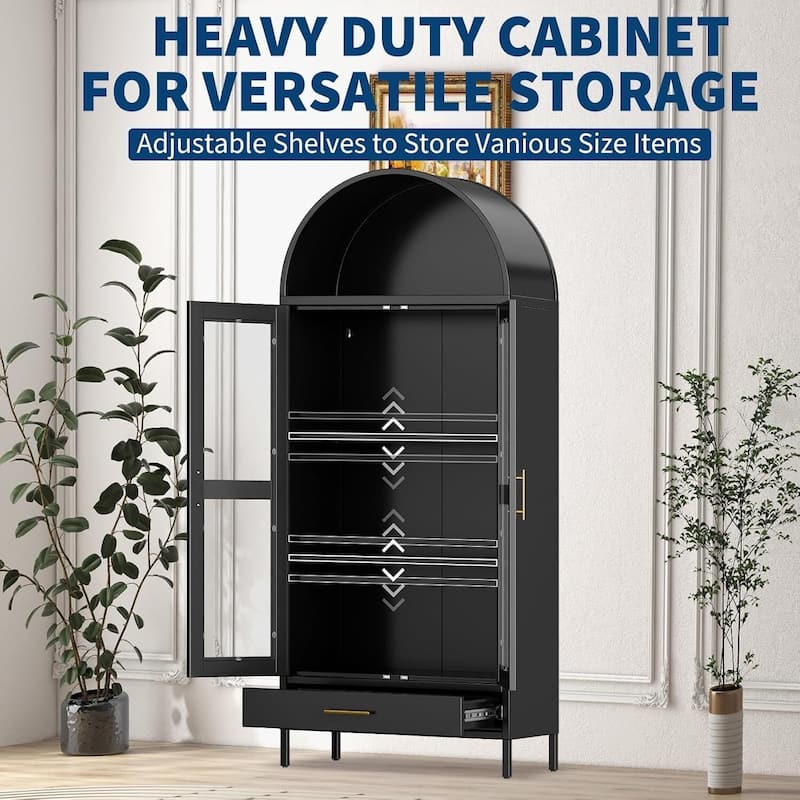 73" Tall Arched Pantry Cabinet with Glass Door - N/A