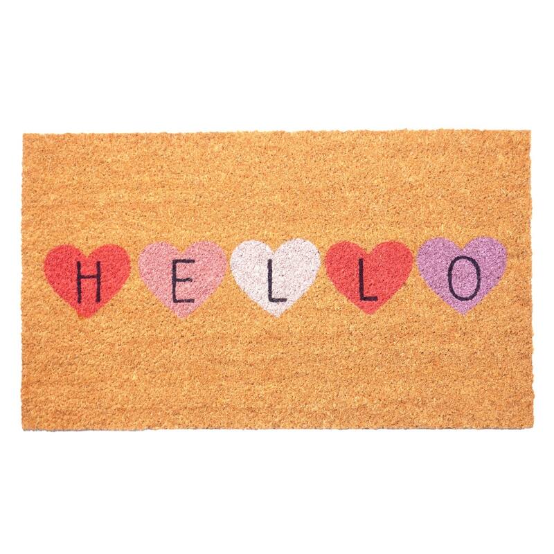 HomeRoots 17" X 29" Brown Pink Purple Hearts Hello Outdoor Coir Door Mat - 17.00' X '29.00