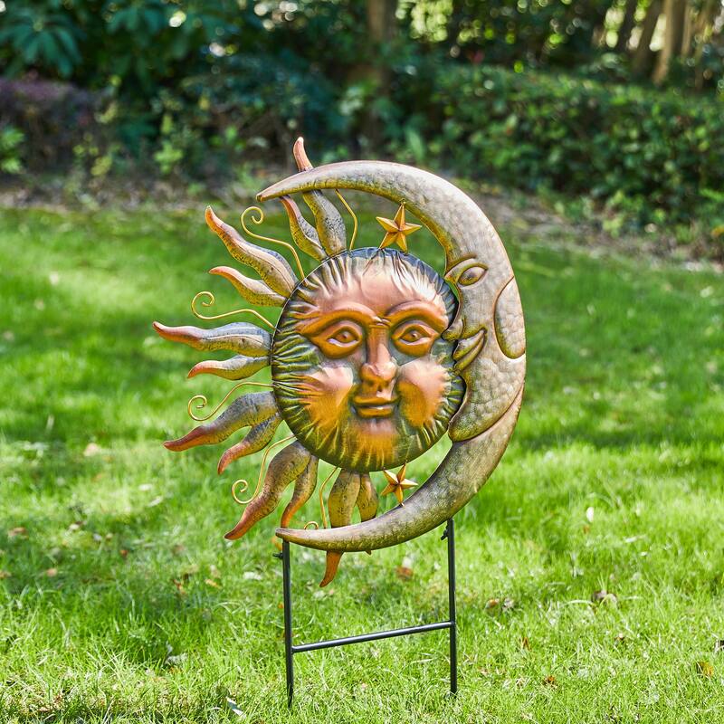 Glitzhome 36.25''H Metal Sun and Moon Wall Decor Yard Stake for Indoor and Outdoor