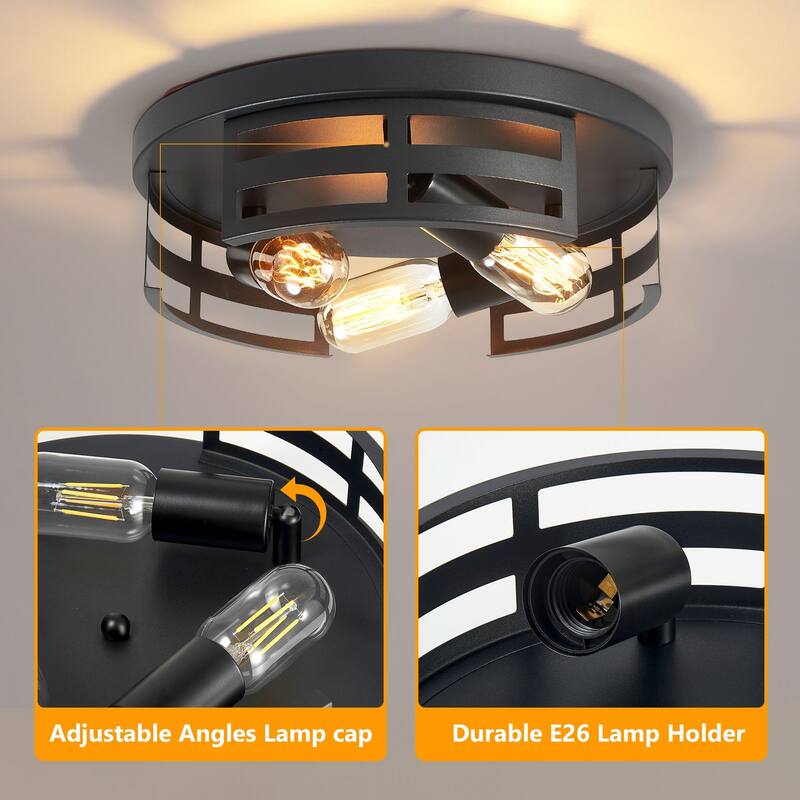 3-Light Black Farmhouse Flush Mount Ceiling Light-2 Pack For Bedroom/Living Room(Matte Black)