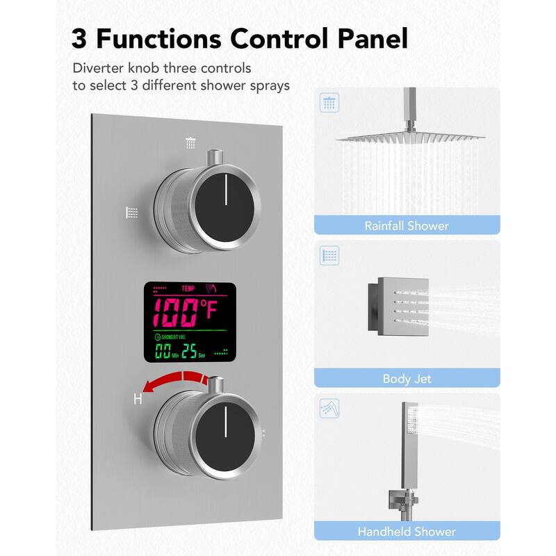 LCD Temperature Display 12" High-Pressure Shower System With Pressure Balancing Diverter Valve - 12-Inch