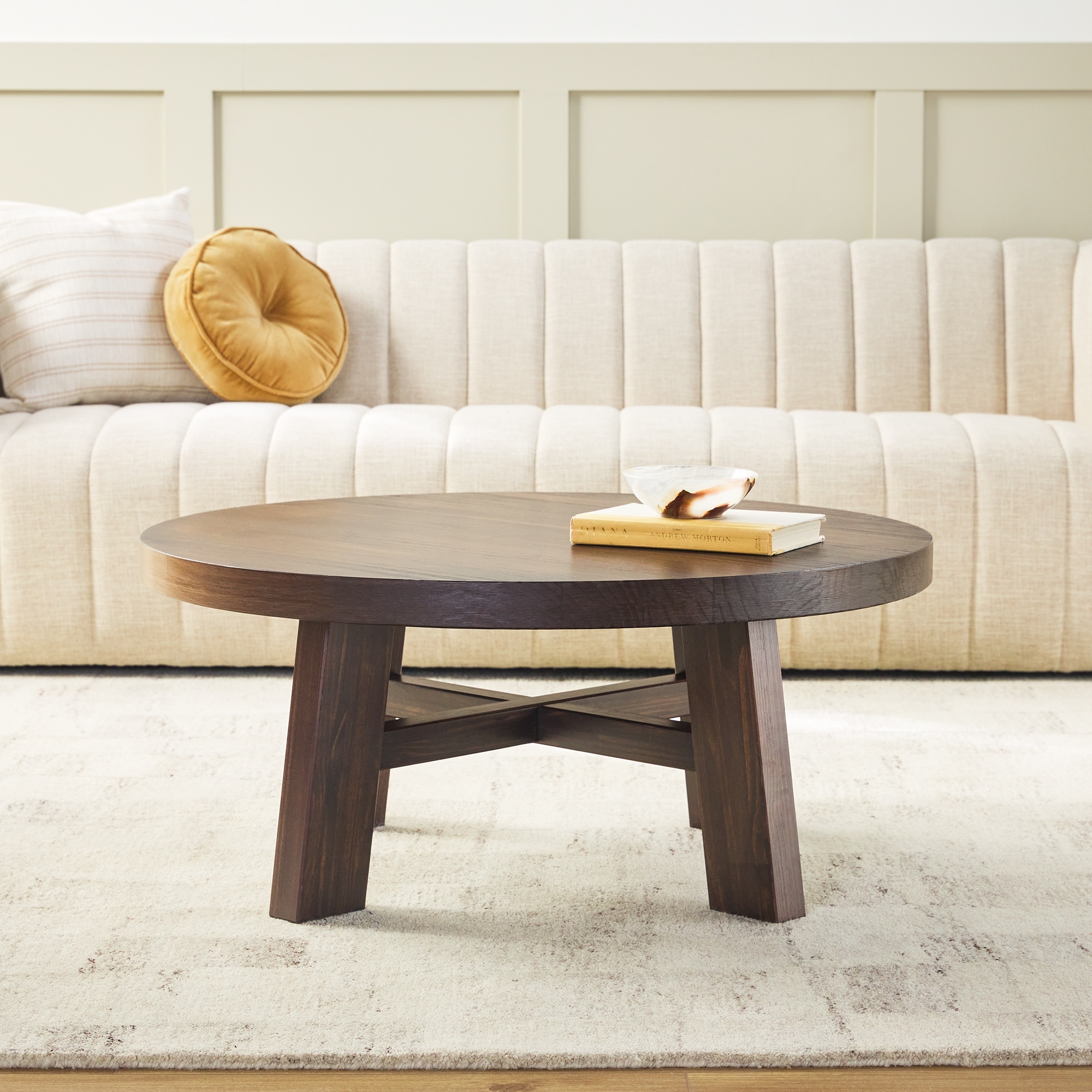 Walker Edison Modern Farmhouse Easy Assembly Round Wood Coffee Table