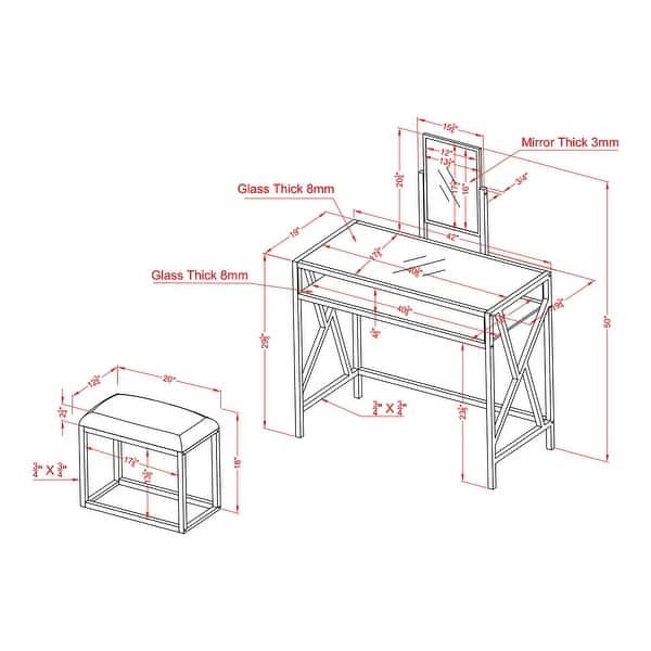 Furniture of America Davila Glam Metal 3-Piece Makeup Vanity Set with Mirror and Bench