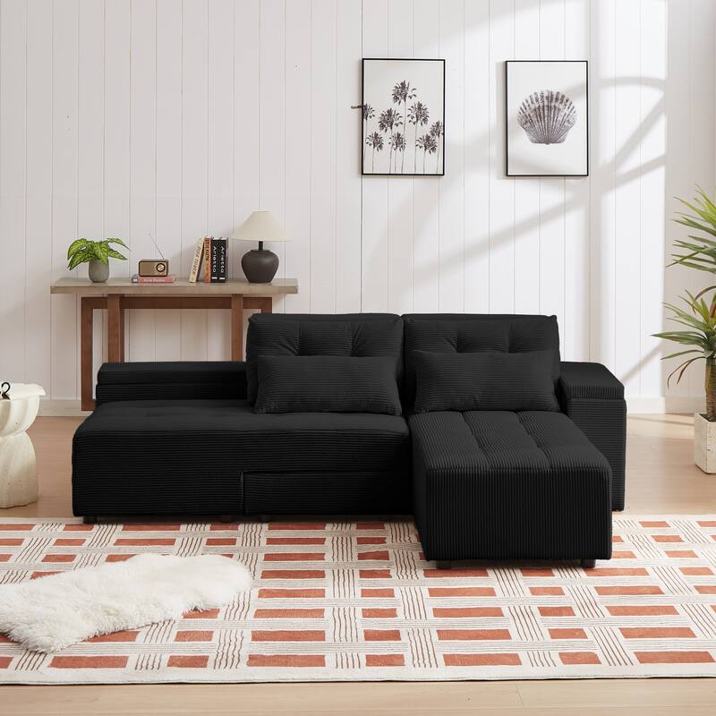 94'' Corduroy 3-in-1 Convertible Sleeper Sectional Sofa with 4 Storage Compartments and 4 Pillows