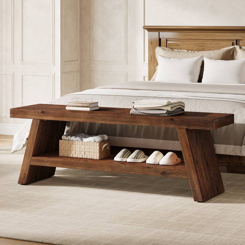 2-Tier Solid Wood Entryway Bench