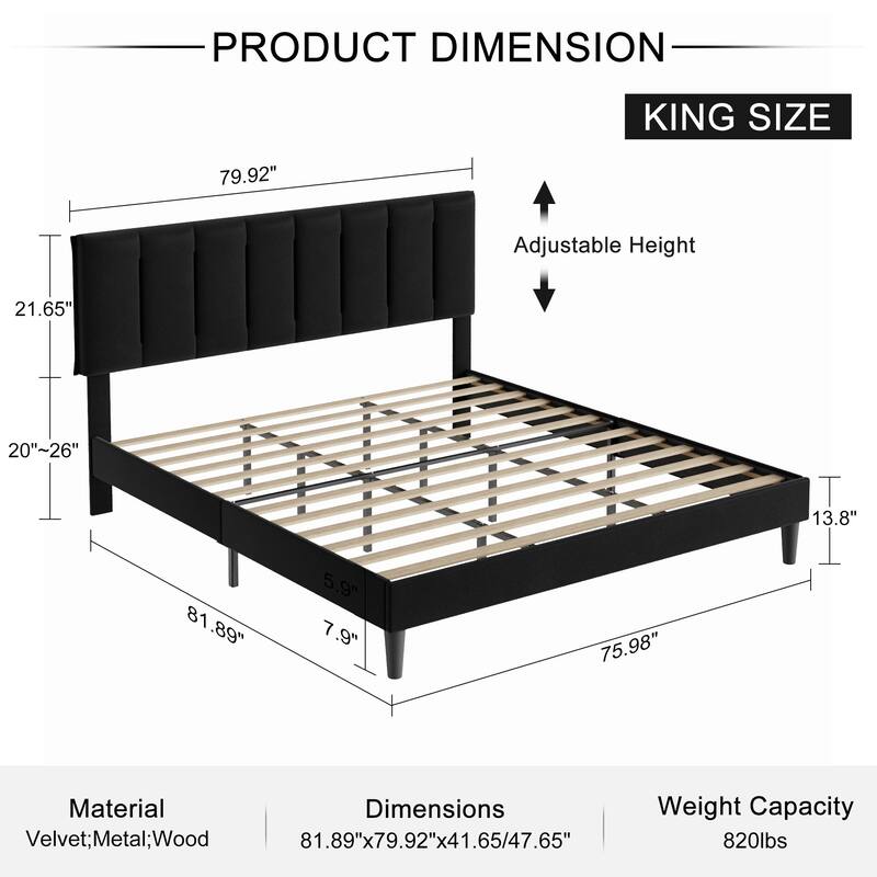 Javlergo Adjustable Height King Bed Upholstered Platform Bed 7.9" Underbed Storage No Box Spring Required Center Support Leg