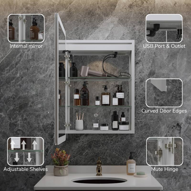 Rounded Edge LED Medicine Cabinet with Mirror, Dimmable, Anti-fog, Adjustable Shelves, Recessed or Wall Mount, ETL Certified