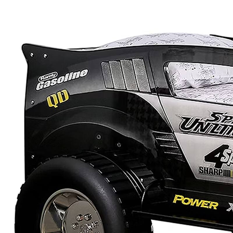 Jacky Kids Twin Bed with Off-Road Car Design, LED Headlights, Black Wood