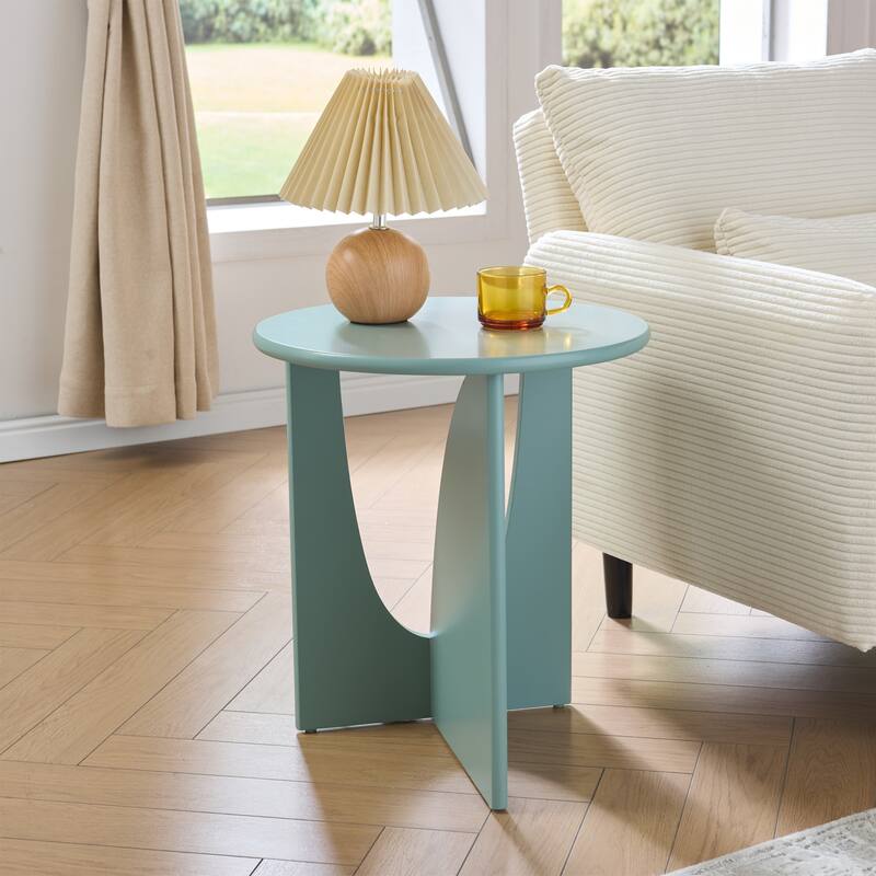 Theo Round Wood Side Table with Sculptural U-Shaped Base - Blue
