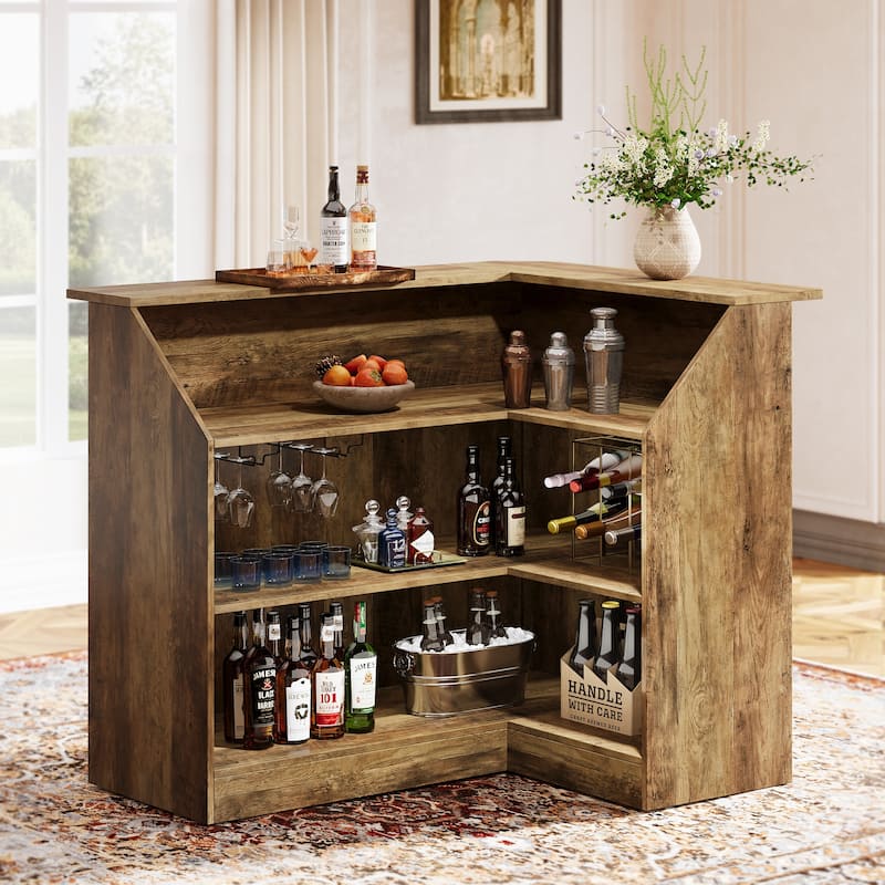 Black Wood L-Shaped Bar Cabinet, 4-Tier Corner Bar