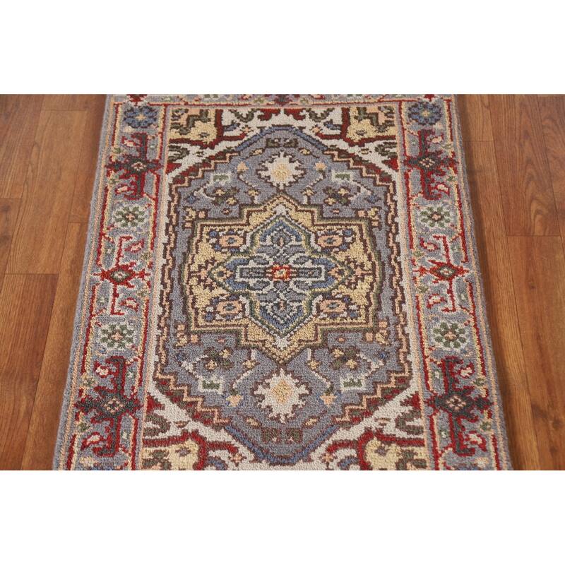 Gray Geometric Heriz Serapi Indian Rug Hand-Knotted Wool Carpet - 2'0"x 3'0"