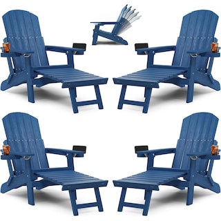 WINSOON All Weather HIPS Folding Adirondack Chair with Ottoman, 5-Gear Adjustable Backrest and Retractable Ottoman Set of 4
