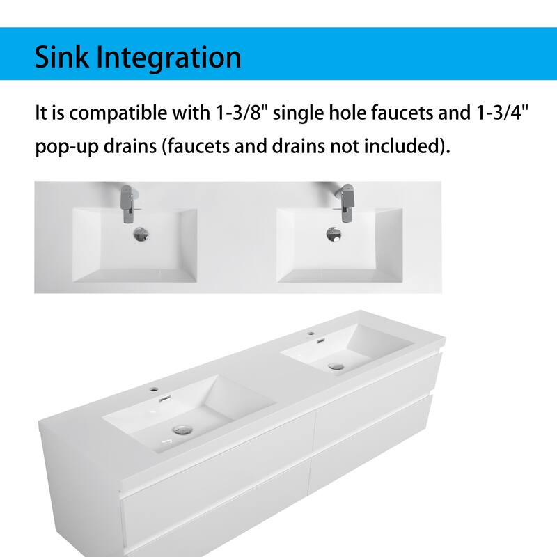 Wall 72" Floating Bathroom Vanity with Sink & and 4 Soft Close Drawers,White/Oak/Grey - 72 inch