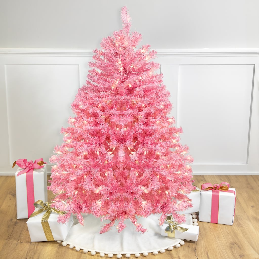 Pre-Lit Medium Pink Pine Artificial Christmas Tree - 4.5’ - Clear Lights